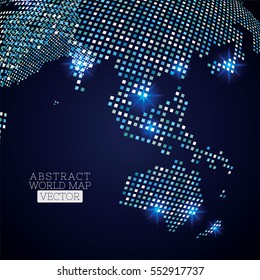 Pixel dot world map with glowing locations. Global technology concept