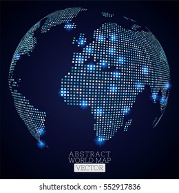 Pixel dot world map with glowing locations. Global technology concept