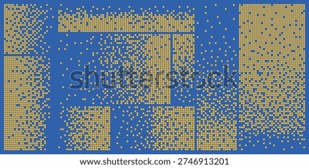 Pixel dots create a dynamic data pattern with scattered clusters and blocks. Geometric grid and mosaic concept for tech and analysis themes. Vector illustration