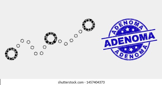 Pixel dotted chart mosaic icon and Adenoma stamp. Blue vector rounded grunge seal stamp with Adenoma text. Vector collage in flat style. Black isolated dotted chart mosaic of random dots,