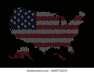 Pixel dotted map of United States of America with flag in a black background