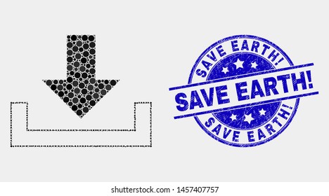Pixel download mosaic icon and Save Earth! watermark. Blue vector rounded textured watermark with Save Earth! message. Vector combination in flat style.