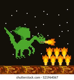 pixel dragon throwing fire over  night landscape background. video game interface design. colorful design. vector illustration