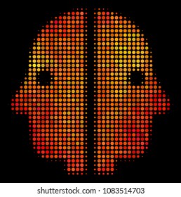 Pixel dual face icon. Bright pictogram in hot color tinges on a black background. Vector halftone composition of dual face symbol constructed of circle points.