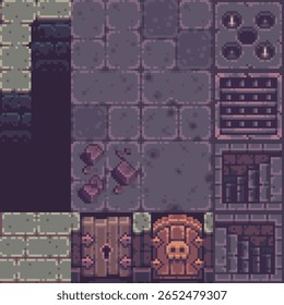 Conjunto de peças de piso de calabouço Pixel com ladrilhos rachados, grades de ferro, armadilhas pontiagudas e portas travadas pesadas. Ideal para jogos de estilo retrô com fantasia, RPG ou temas roguelike.
