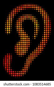 Pixel ear icon. Bright pictogram in hot color shades on a black background. Vector halftone concept of ear icon done of spheric points.