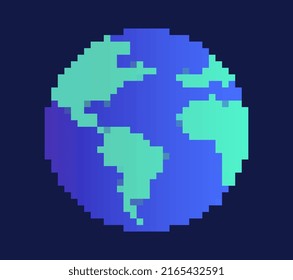 Pixel Earth concept. Planet in retro style, graphic elements for website, old sticker for social networks. Astronomy and astrology, space and universe, galaxy. Cartoon flat vector illustration