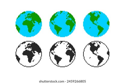 Pixel Earth. Globe world map in color and silhouette pixel art 8 bit style, oceans and continents. Earth planet for retro game and eco concept. Vector isolated icons. Colorful and black symbols