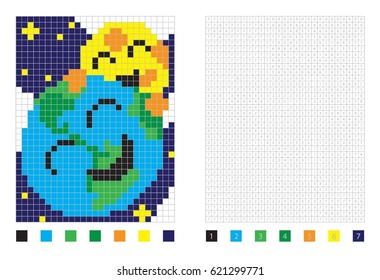 Pixel Earth planet and moon in the coloring page with numbered squares, vector illustration