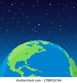 Pixel Earth. Vector Planet Earth Icon. Pixel Art 8 Bit. Flat Planet Earth Icon In Space. 