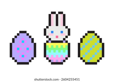 Pixel easter bunny. Colorful egg set. Festive holiday design. Vector spring symbol.