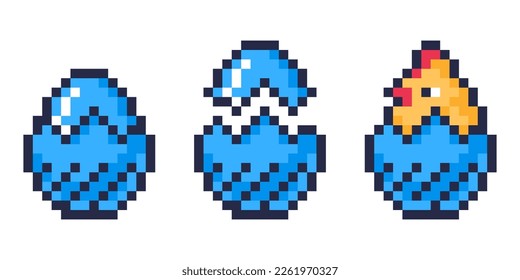 Huevos de Pascua. Huevos de caza de 8 bits, huevos de gallina pintados con pollo de bebé, caza de huevos ilustración vectorial plana sobre fondo blanco