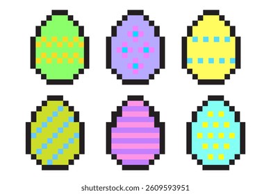 Pixel Easter eggs. Digital holiday design. Colorful festive decoration. Retro pixel graphics.
