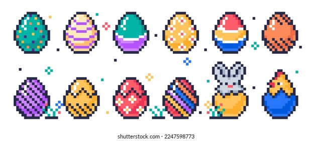 Pixel Easter eggs. Painted chicken 8bit eggs, pixel art arcade game eggs icons, spring holiday egg hunt game flat vector illustration set on white background