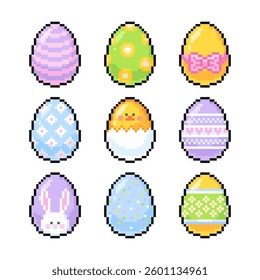 Pixel Easter eggs set isolated on transparent background. Pixelated badge, game asset or computer arcade item. Spring holiday egg hunt icons. Vector pixel art illustration in 16 bit old style.