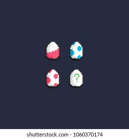 Pixel easter eggs set. pink and white, blue dots, pink dots and puzzle egg. 8 bit art vector illustration.