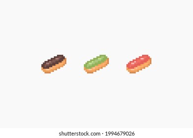 Pixel eclair illustration set. Vector pixel eclair cake with chocolate, strawberry and matcha tea. 8 bit retro game style eclairs icon set. Pixel sweet eclairs isolated icons on white background.