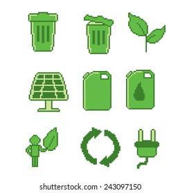 Pixel ecology ( eco ) and environmental icons and signs. Green set. Old school computer graphic style.