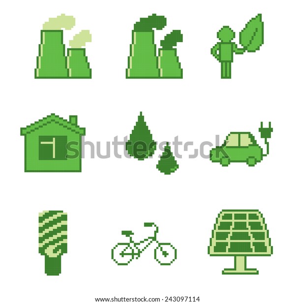 Pixel ecology ( eco ) and\
environmental icons and signs. Green set. Old school computer\
graphic style.