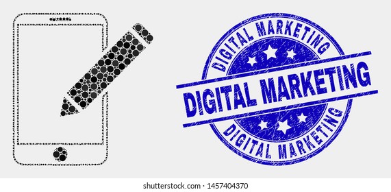 Pixel edit phone records mosaic icon and Digital Marketing seal. Blue vector round grunge seal with Digital Marketing caption. Vector combination in flat style.