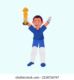 Pixel Effect Cricket Player Man Holding Trophy Cup Against Pastel Blue Background.