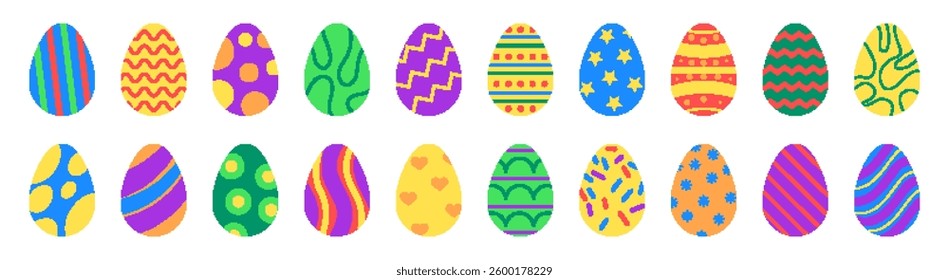 Pixel egg. Easter game. Icon retro cartoon, simple shape. Easter egg element, pixel art, 8 bits set. Colored symbol geometrical pattern, colourful ornamental sign. Vector garish isolated illustration