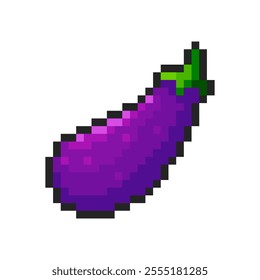 Pixel eggplant isolated on transparent background. Pixelated badge, game asset or computer arcade item. Vegetable icon. Vector pixel art illustration in 16 bit old style.