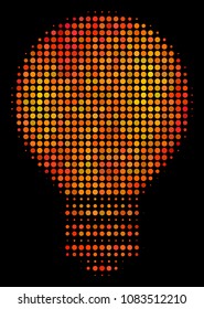 Pixel electric bulb icon. Bright pictogram in hot color tinges on a black background. Vector halftone mosaic of electric bulb icon combined from circle dots.