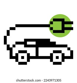 Pixel electric car illustration vector. Electrocar charger station. Retro game design. Eighties computer games 8 bit game. Game consoles cartridge. Mosaic illustration isolated white background icon.