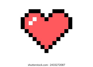 Pixel element in 8-bit style isolated on white background. Red heart shaped icon, bright colors, life button in the game.