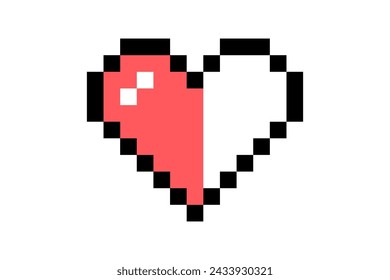 Pixel element in 8-bit style isolated on white background. Icon in the shape of half a red heart, bright colors, life button in a computer game.