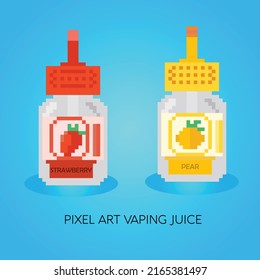 Pixel E-liquid Flavors. Vaping Juice Or Vape Juice Signs . Set Of E-liquid For Vaporizer, Pixelart Bottle With Fruit Flavor