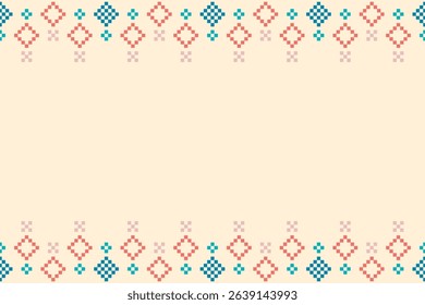 Pixel embroidery border pattern with red and blue diamonds on top and bottom, blank center space. Ideal for invitation cards, fabric borders, or digital frames.