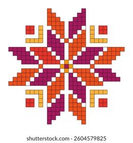 Pixel embroidery design. Traditional textile pattern. Geometric folk motif. Red and orange colors.