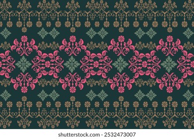 Pixel embroidery on a green background with vibrant mandala, mosaic, and floral designs, this pixelated fabric is ideal for fashion, and pixel rug creations, blending cross-stitch and pixel ethnic art