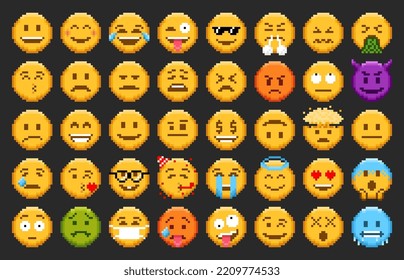 Pixel emoji, emoticon smiles and 8 bit face icons, vector happy, sad and angry set. Pixel emoji or cute smiles with laugh or love emotions, message chat emoticons and expression smiles, pixel stickers