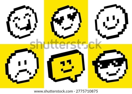 Pixel emoji icon grid in retro 8-bit style with expressive faces on on bold yellow blocks pattern. Modern UI background for apps, social media, messaging, digital interfaces