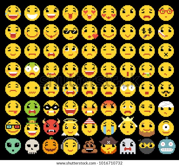 pixel emoji icon set emoticons various stock vector royalty free 1016710732 https www shutterstock com image vector pixel emoji icon set emoticons various 1016710732
