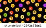 Pixel emoji seamless pattern background. Vector 8 bit cute emoticon and face expressions. Funny emoji with laugh, love emotion, devil, angry, crazy and smile in pixel pattern 
