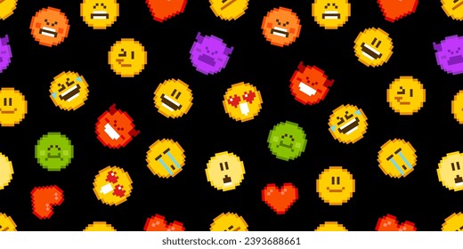 Fondo de patrón sin problemas de píxeles. Vector 8 bits emoticono lindo y expresiones faciales. Caras divertidas con risa, emoción amorosa, diablo, enojado, loco y sonreír en patrones de píxeles 