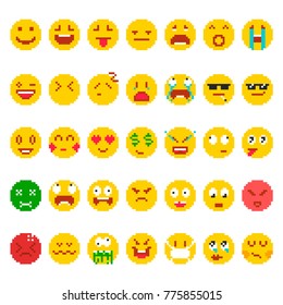 Pixel emoji set. Funny faces small images, emotion symbols, mood icons used in electronic communication, cute facial expressions. Vector flat style cartoon emoji illustration.