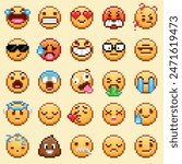 Pixel emoji set, pixel emoji pack, pixel art, set of emotions in vector, face icons, cute funny faces, emoticon, 8bit, set of 25 colored yellow emojis