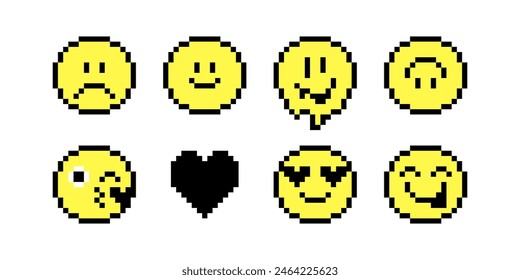 Pixel emoji set. Smile icons. Pixels Y2k trendy playful stickers. 8bit icons abstract. Yellow neon. Retro elements in the mood of 90's aesthetics. Vector illustration