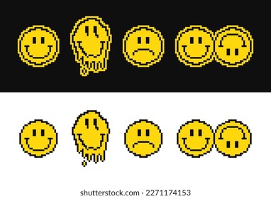 Sonrisa emoji de Pixel. Una sonrisa diversa de píxel que se derrite y gotea, feliz y triste. cara de emoji pixelada con estilo ácido de 8 bits. Vector.