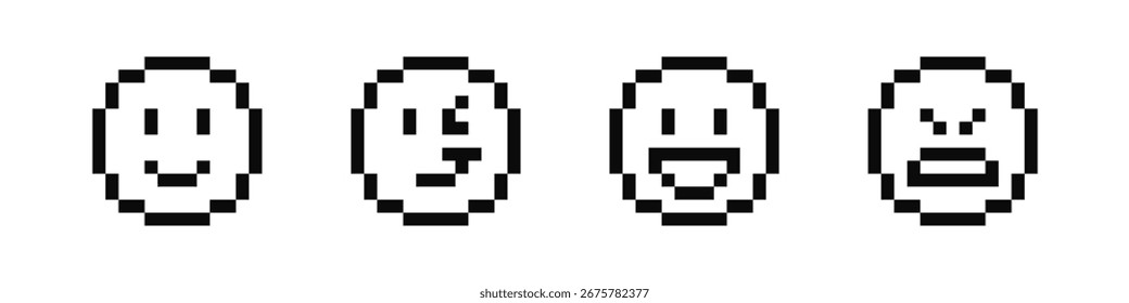 Emojis de píxeles. Caras de arte de píxeles. Emojis pixelados retro. Emoticono de sonrisa de arte de píxel