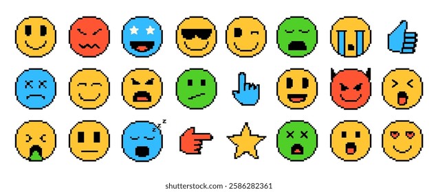 Pixel emojis expression sad emoticon, retro art character. Laugh y2k cute, happy kiss. Smile like retro face illustration. Good and bad mood stickers, vector icon garish people funny smile collection