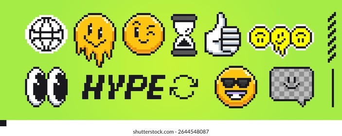 Pixel emoticon coleção em fundo verde brilhante - planeta arame, derretendo rosto amarelo, sorriso piscando, temporizador de ampulheta, polegares aprovação para cima, olhos largos googly, óculos de sol frescos, balão de fala quadriculado.