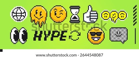 Pixel emoticon collection on bright green background - wire planet, melting yellow face, winking smile, hourglass timer, thumbs up approval, wide googly eyes, cool sunglasses, checkered speech bubble.