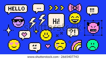 Pixel emoticon icons set of retro 8 bit style speech bubble, various smile faces with cool sunglasses, tear, laugh, angry expression, love eyes, bow, rainbow. Game abstract vector elements on blue bg