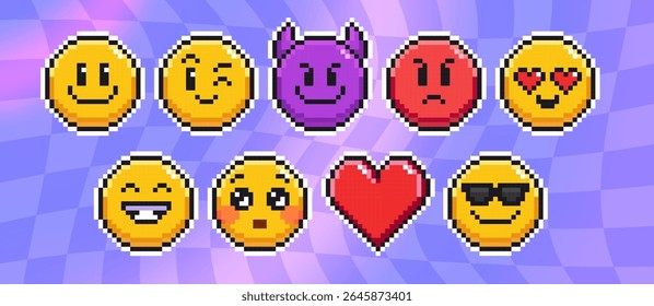 Pixel emoticon set - rostos amarelos de 8 bits mostrando sorriso e piscadinho, chifres de diabo e expressão irritada, olhos de coração e risada, olhar rubor surpreso, forma de amor vermelho e adesivos de óculos de sol frescos.